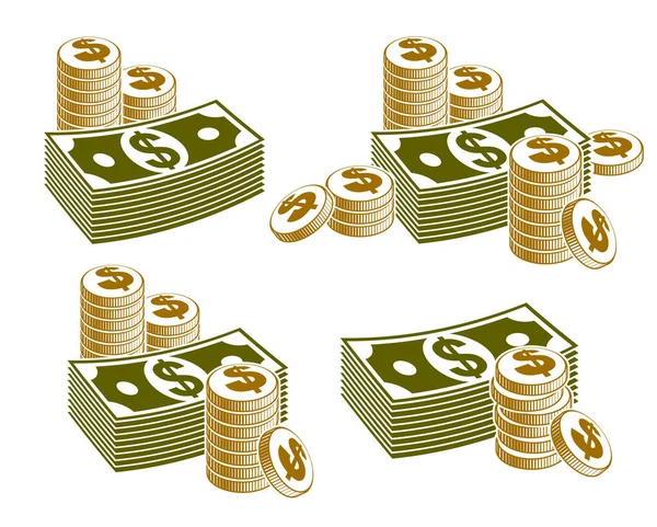 Cash Geld Stilleven Met Munten Bankbiljet Dollar Stack Klassieke Stijl — Stockvector