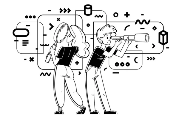 Young People Making Some Inquiry Collecting Data Analysis Vector Outline — Vector de stock