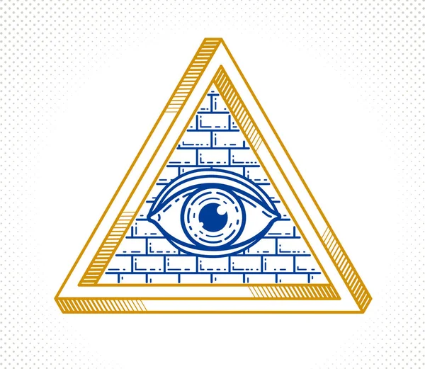 所有在神圣几何三角形 石墙和照明符号 矢量标志或徽章设计元素中看到的神的眼睛 — 图库矢量图片