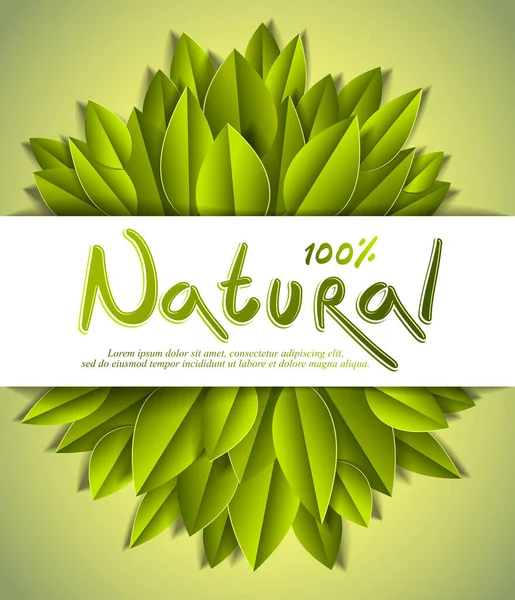 新鮮な緑の葉を持つ100 天然カード 広告バナー 紙カット現実的なスタイルで作られたベクトルデザイン — ストックベクタ