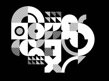 Soyut geometrik siyah ve beyaz vektör arkaplanı, daireler ve diğer şekillerle modüler karo çizim sanatı, karanlık üzerine tek renkli retro-artistik motif.