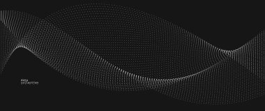 Koyu gri hava parçacıkları akış vektör tasarımı, dalgalı noktalar dizisi ile soyut arkaplan, dijital fütüristik çizim, nano teknoloji teması.