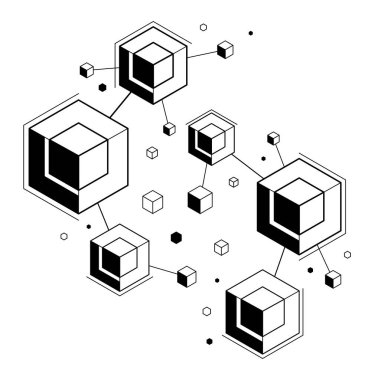 Karanlık, bağlantılı küp teknolojisi ya da bilim teması üzerine soyut teknoloji geometrik vektör arkaplanı, dijital sistem soyutlaması.