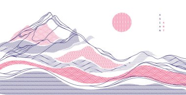 Soyut oryantal Japon sanat vektörü arka planı, geleneksel tarz tasarımı, dalgalı şekiller ve dağlık arazi, deniz hatları gibi akışkan..