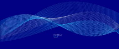 Koyu mavi soyut arkaplan, akışkan parçacıkların vektör dalgası, hareket halindeki kıvrımlı noktalar, teknoloji ve bilim teması, havadar ve fütüristik illüstrasyon.