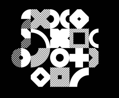 Geometrik soyut siyah ve beyaz sanat, dairelerin ve diğer şekillerin fayanslarıyla vektör geometrik arkaplan, çizgili doku modernizm tarzı doğrusal motif, yaratıcı tasarım.