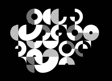 Soyut geometrik siyah ve beyaz vektör arkaplanı, daireler ve diğer şekillerle modüler karo çizim sanatı, karanlık üzerine tek renkli retro-artistik motif.