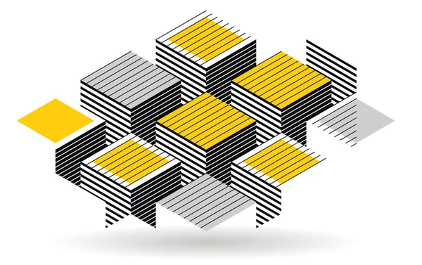 抽象ベクトルアート3D等方立方体幾何学的背景を持つ 異なる形態を持つブロックを開く 多角形のグラフィックデザイン 立方体的なテーマ — ストックベクタ