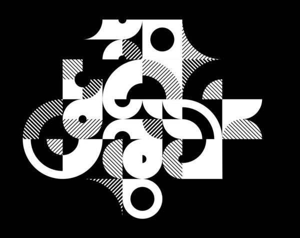 Геометрическое абстрактное черно-белое искусство, векторный геометрический фон с черепицей кругов и других форм, полосатый текстурный модернизм, линейный мотив, креативный дизайн.