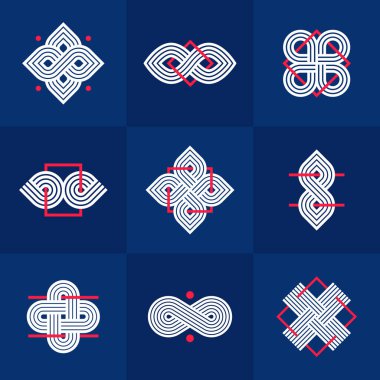 Soyut geometrik doğrusal semboller vektör seti, logo oluşturma için grafik tasarım unsurları, iç içe geçmiş çizgiler vintage biçim simgeleri koleksiyonu.