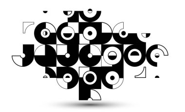 Soyut vektör geometrik arkaplan, teknoloji mühendisliği şekil ve çizgi bileşimi gibi görünüyor, mekanik motor endüstrisi tarzı, siyah ve beyaz.