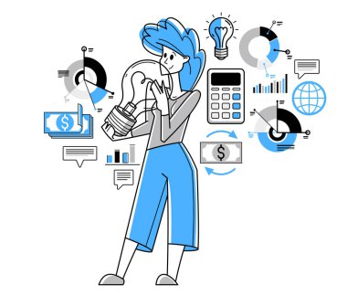 Business idea light bulb in a hands of creative successful woman entrepreneur, business person thinking and have an insight about solution and development, vector.