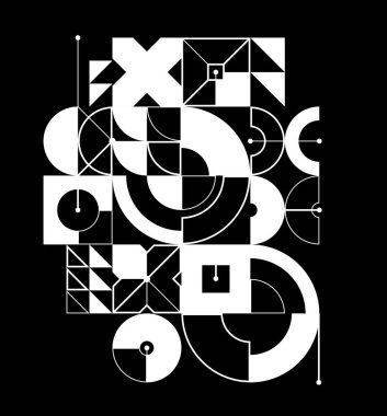 Soyut geometrik şablon arka planı koyu renk üzerine izole edilmiş, teknolojik stil motoru kompozisyon gibi görünüyor, mühendislik taslak modeli, siyah ve beyaz.