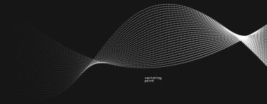Siyah üzerinde soyut arkaplan vektör illüstrasyonu, eğri çizgilerine göre hareket eden noktalar, izole edilmiş parçacık akış dalgası, tek renkli siyah ve beyaz illüstrasyon.