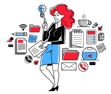 Ofis çalışanı günlük iş vektör taslağı çizimi, çalışanlar için şirkette kariyer, iş ve evrak işleri, yönetici.