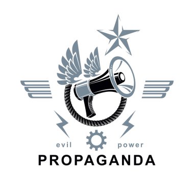 İple çevrili hoparlör ekipmanlarıyla oluşturulmuş vektör kanatlı logo. Sosyal mesajın gücü, propaganda politik bir kışkırtma.