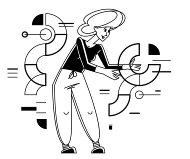 Inspired inventive designer or engineer composing abstract elements, creative worker doing some job and creating some system, vector outline illustration.