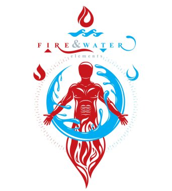 İnsan ayakta, efsanevi eski Tanrı vektör Illustration. Bir su topu, su ve yangın çeşitlilik ve uyum çevrili Prometheus.