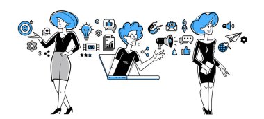 Marketing theme vector outline illustration, marketers team analyzing and creating plan and strategy, advertising business teamwork concept, reach a goal success.