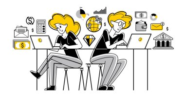 Busy business team working on some commercial project online vector outline illustration, entrepreneurs analyzing virtual financial data, e-business teamwork.