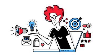 Çevrimiçi pazarlama temalı vektör özeti illüstrasyon, pazarlamacı analizi ve oluşturma planı ve stratejisi, reklamcılık iş konsepti, hedefe ulaşın.