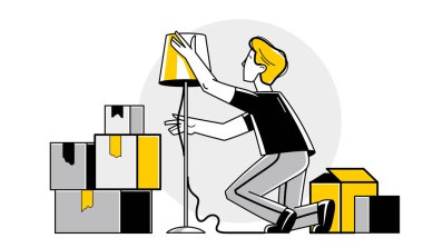 Moving to new apartment or business moving to new office, person carry and unpack boxes with stuff, beginning of new life, vector outline illustration.