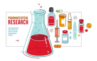 Pharmaceutical research vector illustration with chemical flask and different medicine vector, medical science concept.