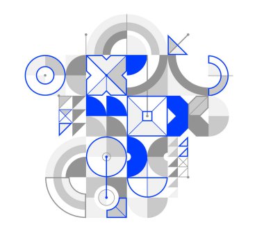 Soyut vektör Bauhaus geometrik arkaplan, teknoloji mühendisliği şekil ve çizgi bileşimi, mekanik motor endüstrisi tarzı, ağ ve dijital veri.