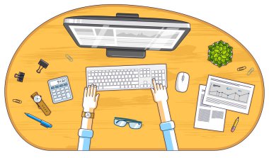 Resepsiyon çalışma alanı üstten görünüm elle ofis çalışanı veya girişimci, Pc bilgisayar ve çok fazla farklı ileti örneği nesne tablo üzerinde çalışıyorum. Tüm öğeleri ayrı ayrı kullanımı kolay. Vektör.