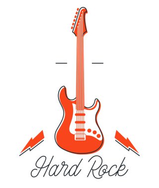 Hard rock ve heavy metal amblemi veya logo vektör düz stil illüstrasyonu izole edilmiş, yıldırımlı elektro gitar, kayıt şirketi veya müzik grubu için logotype.