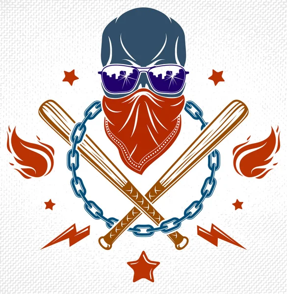 Suç Dövmesi Çete Amblemi Logosu Agresif Kafatası Beyzbol Sopaları Diğer — Stok Vektör
