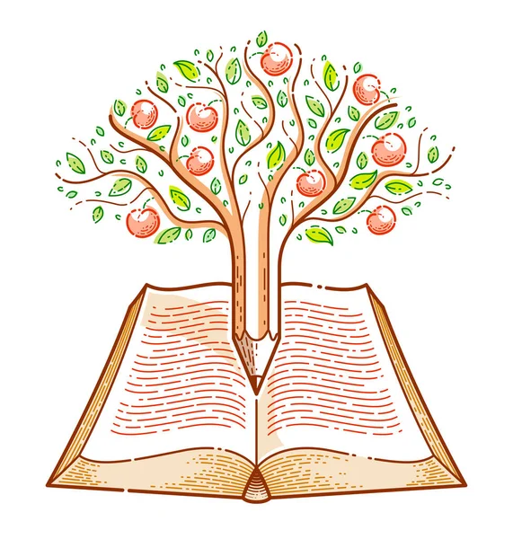 Árbol Con Manzanas Combinado Con Lápiz Sobre Libro Vintage Abierto — Vector de stock