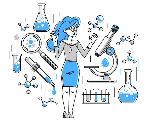 Chemical Experiment Research Scientist Working Some Molecules Chemistry Laboratory Vector — Stockvector