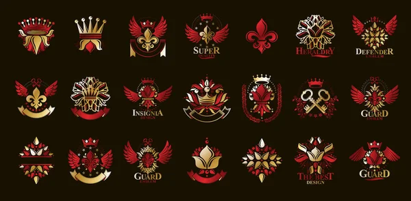 Lis Coroas Vintage Emblemas Heráldicos Vetor Grande Conjunto Antigos Emblemas — Vetor de Stock