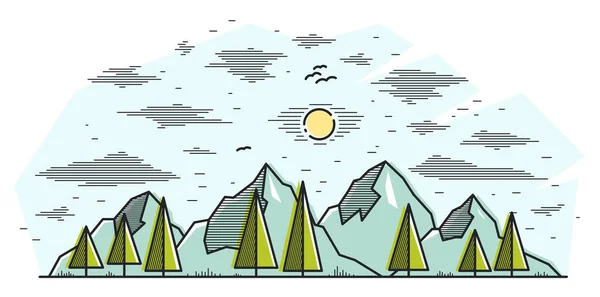 高山山峰和松树林线艺术矢量图解 独立于白色线形图解 山脉线形图解 森林野外自然景观 野外远足野营蚂蚁旅游主题 — 图库矢量图片