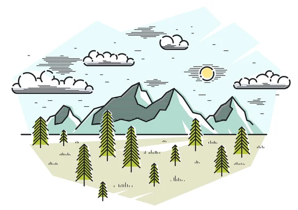 Alcance Montanhas Floresta Pinheiros Ilustração Vetorial Linear Isolado Branco Desenho — Vetor de Stock