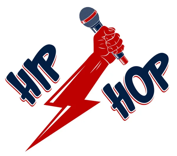 Rap Muziek Vector Logo Een Embleem Met Microfoon Hand Een — Stockvector