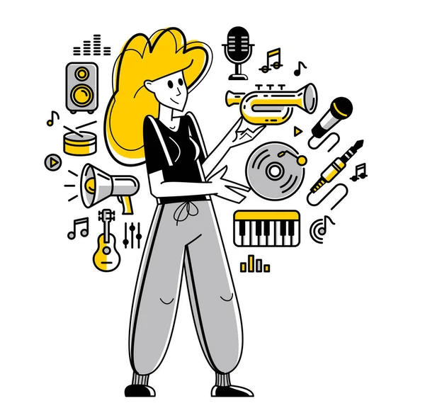 Music Producer Composing New Track Vector Outline Illustration Sound Engineer — Stock Vector