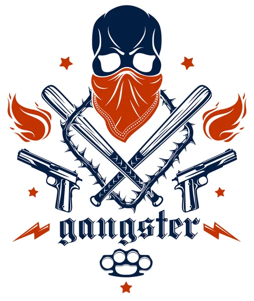 Criminal Tattoo Gang Emblem Logo Aggressive Skull Baseball Bats Other — Stock Vector