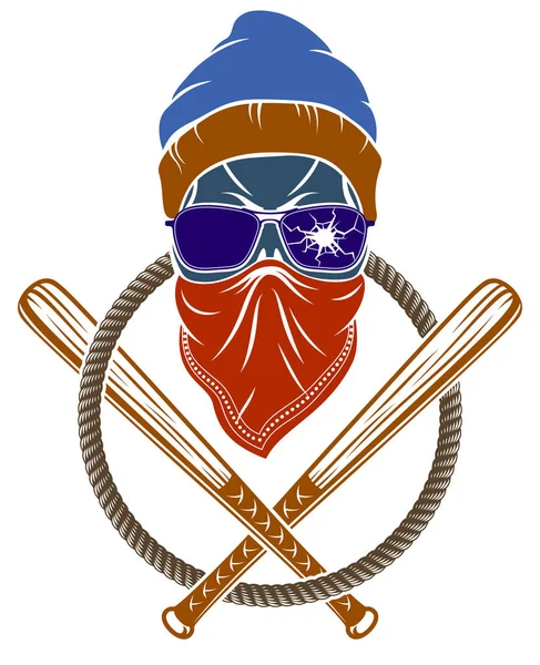Gangster Amblemi Logosu Dövmeli Agresif Kafatası Beyzbol Sopası Tasarım Elementleri — Stok Vektör