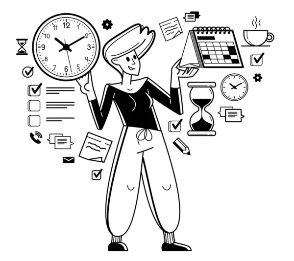 Time Management Vector Outline Illustration Worker Planning Deadline Prioritize Tasks — Stock Vector