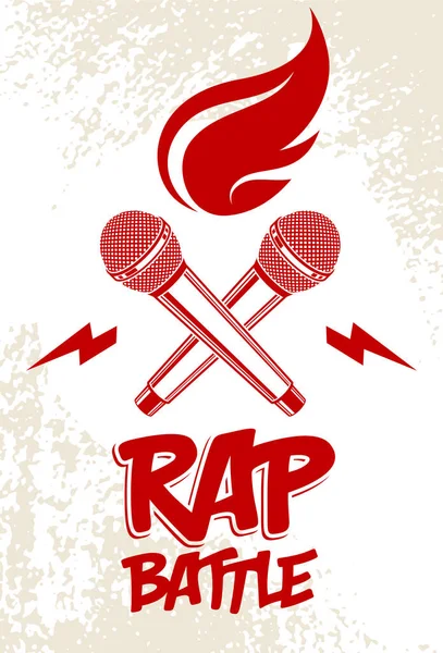 Rap Battle Vector Logo Emblem Two Microphones Crossed Fire Hip — Stock Vector