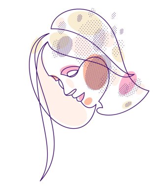 Beautiful face of attractive woman vector linear drawing, sensitive emotional line art adult girl portrait, feminine abstract face line art.