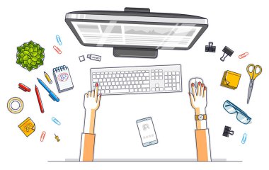 Resepsiyon çalışma alanı üstten görünüm elle ofis çalışanı veya girişimci, Pc bilgisayar ve çok fazla farklı ileti örneği nesne tablo üzerinde çalışıyorum. Tüm öğeleri ayrı ayrı kullanımı kolay. Vektör.