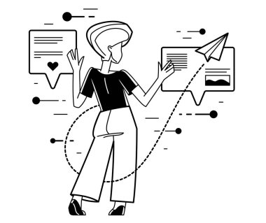 Online consultant working in support center helping and giving advices to customers, vector outline illustration, text messages in a messenger.