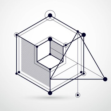 Teknik plan, geometrik tasarım elementleri ve küpleri olan siyah beyaz vektör dijital arkaplan. Bal peteklerinden yapılmış mühendislik teknolojisi duvar kağıdı..