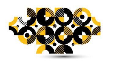 Geometrik soyut sanat, dairelerin ve diğer şekillerin fayanslarıyla vektör geometrik arkaplan, çizgili doku modernizm stili doğrusal motif, yaratıcı tasarım.