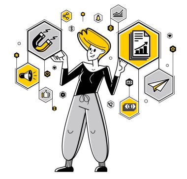 Marketing theme vector outline illustration, marketer analyzing and creating plan and strategy, advertising business concept, reach a goal success.