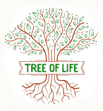 Yaşam, yaşam ve ölüm ağacı, yaşam döngüsü, vektör logosu doğrusal çizim, klasik sembol.