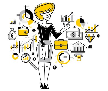 Finansal veri vektörü analizcisi illüstrasyon, yatırım ve bütçe sorunları, kadın finans danışmanı, yatırımcı.